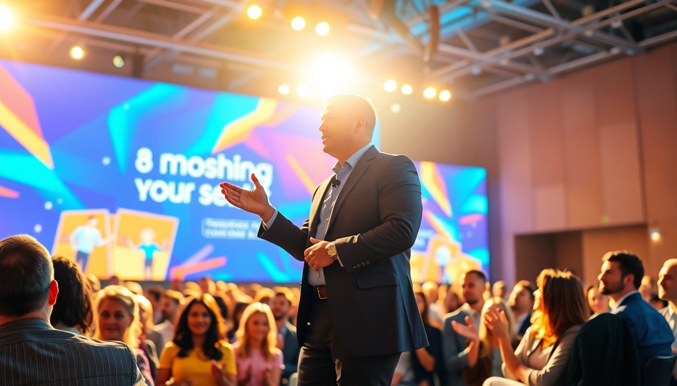 Keynote Speaker captivating an audience with engaging presentation and dynamic visuals.