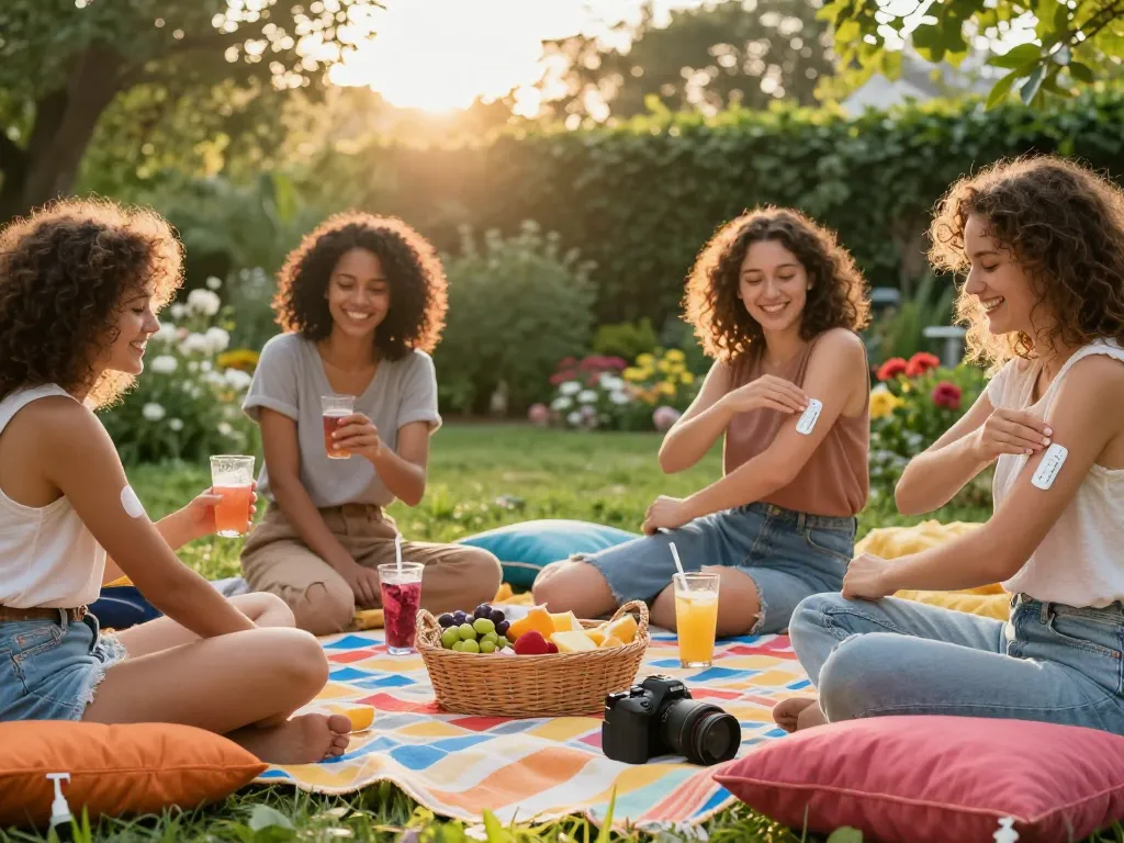 Friends applying mosquito repellent during a lively outdoor picnic.
