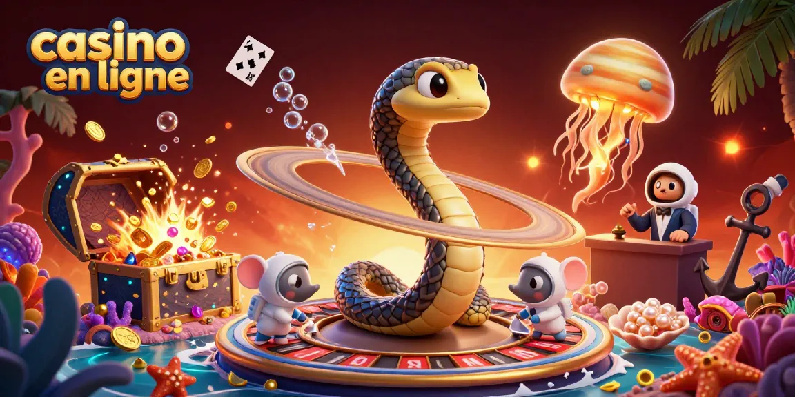 Découvrez le casino en ligne avec une illustration de serpent, des astronautes et des éléments de jeu captivants.