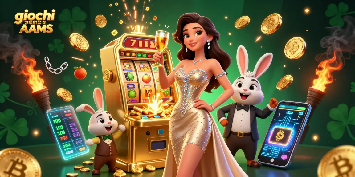 Vivi emozionanti giochi senza AAMS con una donna elegante che brinda accanto a una macchina jackpot dorata.