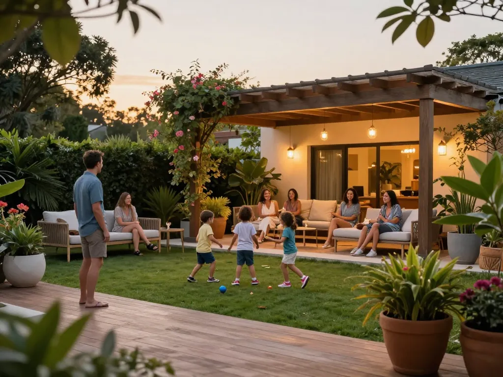 Online pergola configurator showcasing a family enjoying their beautifully designed outdoor space under a pergola.