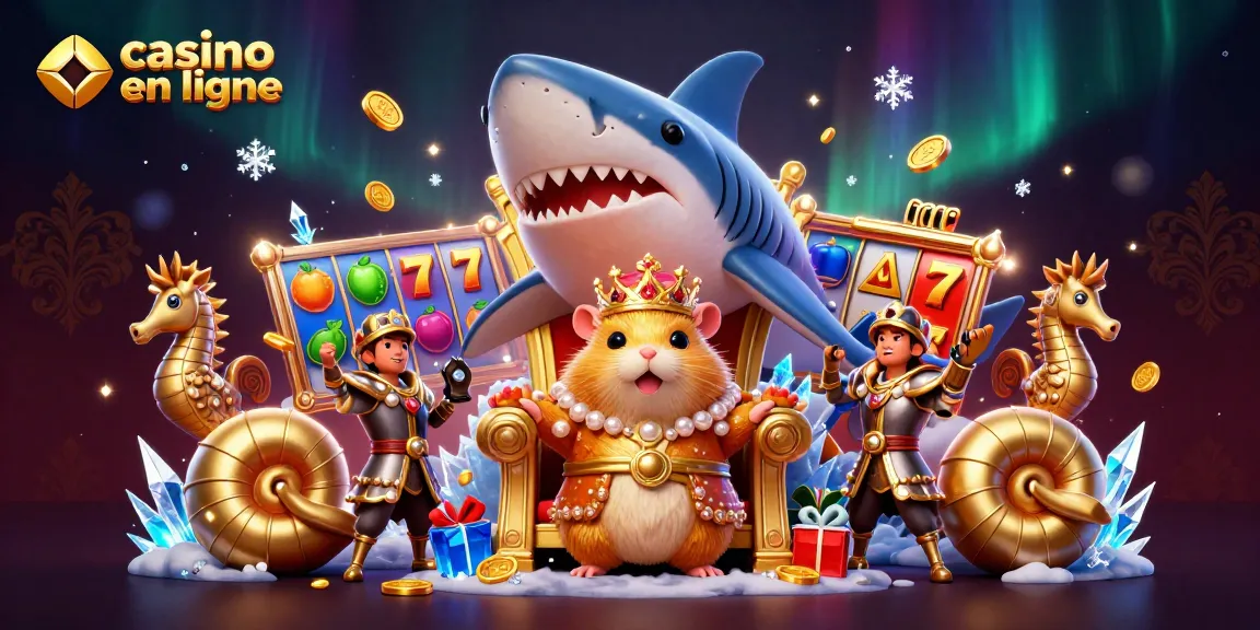 Jouez au casino en ligne avec le roi hamster doré et ses gardes, entourés de machines à sous colorées.