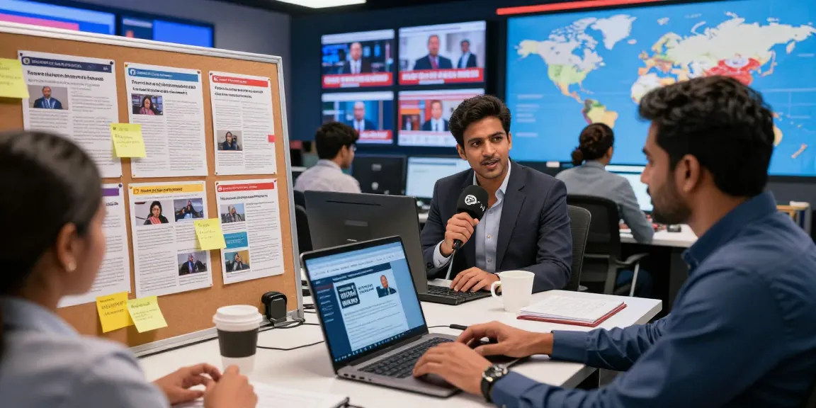 Journalists at https://www.theindaily.com newsroom covering the latest news updates with vibrant teamwork and technology.