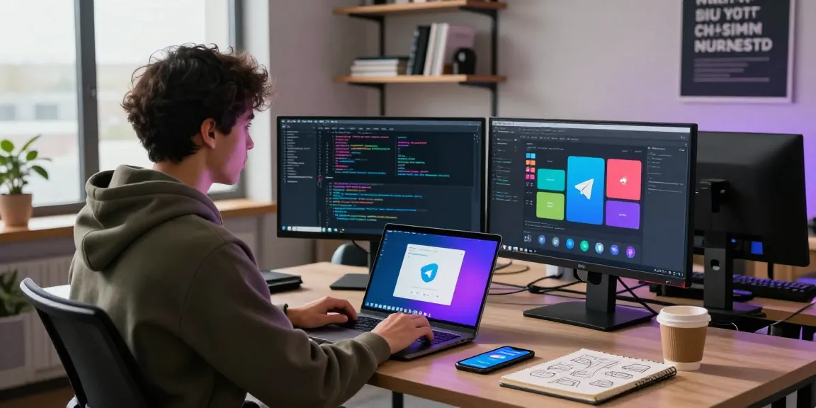 Developer using Telegram app in a modern workspace, showcasing 纸飞机中文版 in action.