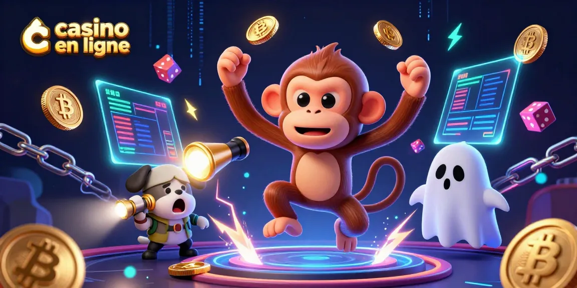 Illustration représentant un casino en ligne avec un singe fantôme jonglant des objets dorés et un chiot chasseur de fantômes.