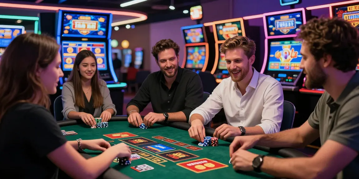 Players engaging with uk credit card casinos at a lively gaming table, showcasing excitement and vibrant casino atmosphere.
