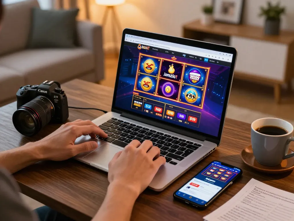 Engaged player strategizing at JamUSloT, a trusted situs slot gacor for big wins.