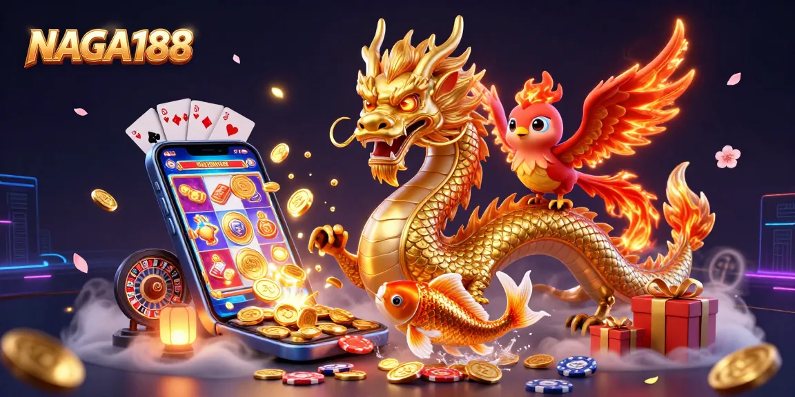 NAGA188 menyajikan ilustrasi kasino 3D dengan naga emas, phoenix merah, dan ikan koi melompati koin.