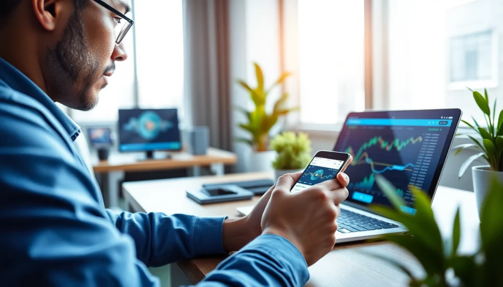 Person using a cloud mining app on a smartphone in a modern workspace.