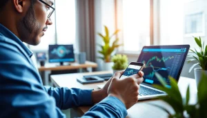 Person using a cloud mining app on a smartphone in a modern workspace.
