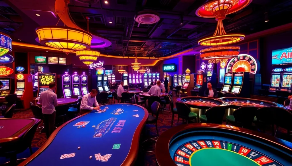A thrilling casino scene showcasing KJC AC 3 with vibrant gaming tables, cards, and slot machines.