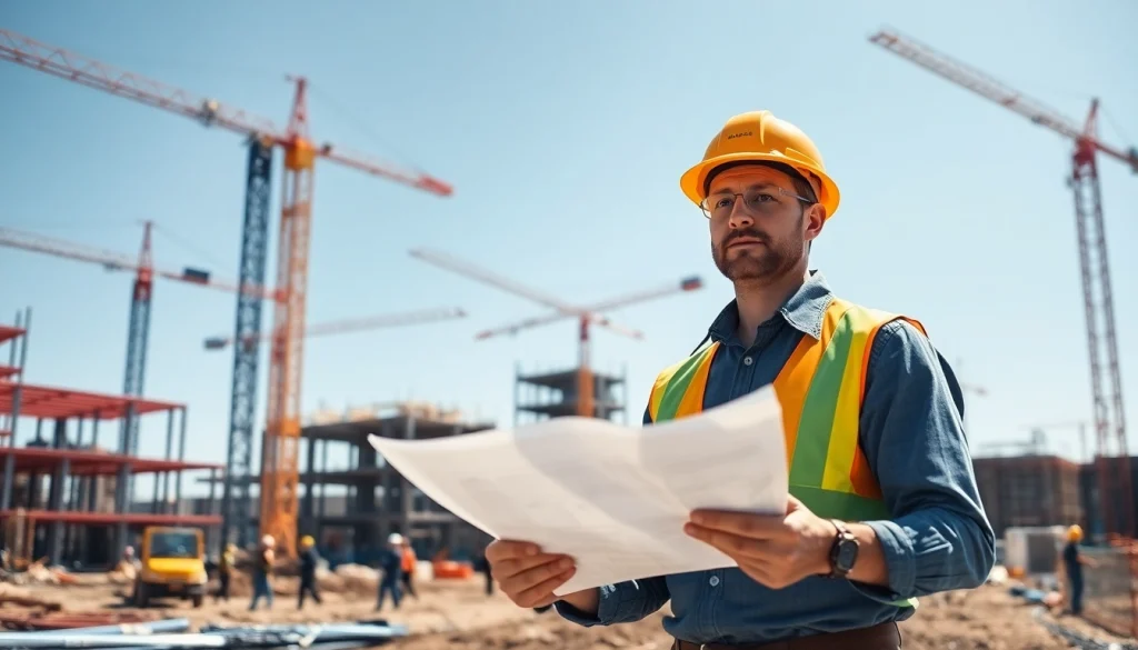 New Jersey Construction Manager overseeing an active construction site with blueprints and a focused expression.