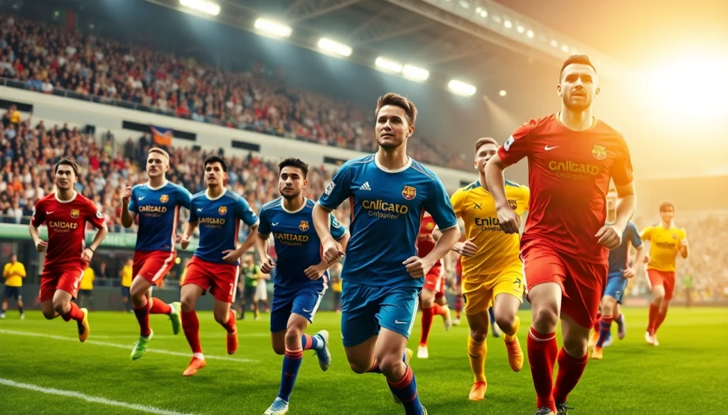 Showcase of Team kit as professional players exhibit vibrant jerseys in an exciting soccer match.