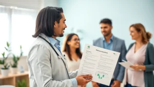 Engaging health consultant assisting individuals in a welcoming clinic, emphasizing Health and wellness.