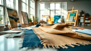 Canvas stoffen in een creatieve setting met verschillende texturen en kleuren.