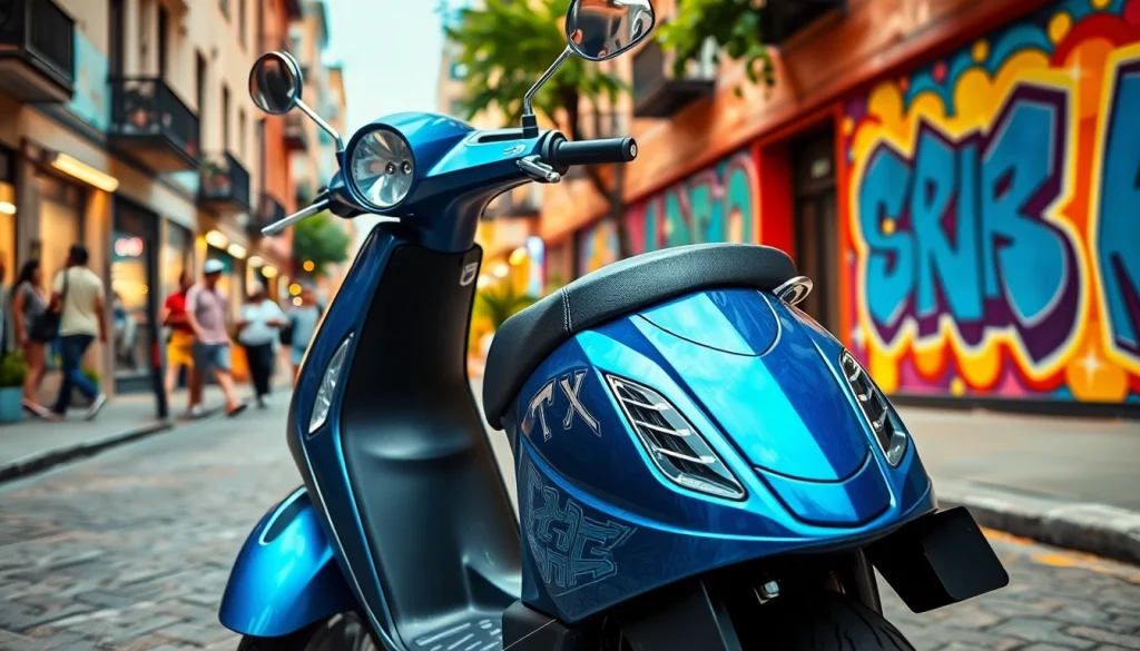 50ccm roller in urban setting with vibrant street art and energetic atmosphere.
