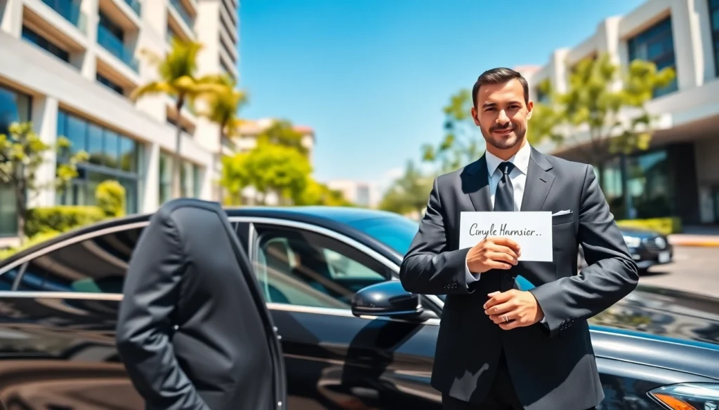 Book Chauffeur Services near me with a professional chauffeur standing beside a luxury vehicle in an urban setting.