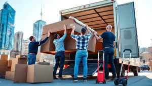 Toronto movers lifting furniture onto a truck amidst a vibrant city skyline, showcasing efficient teamwork.
