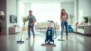 Efficient cleaning service team is enhancing a modern home environment.