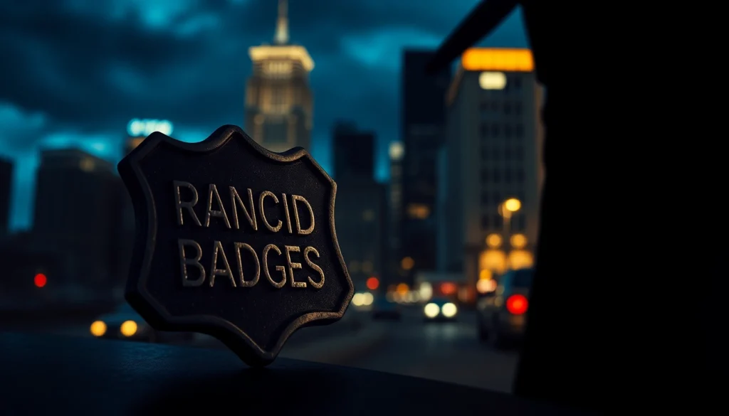 Unveiling Rancid Badges: suspenseful crime thriller book cover with an urban cop and a tarnished badge.