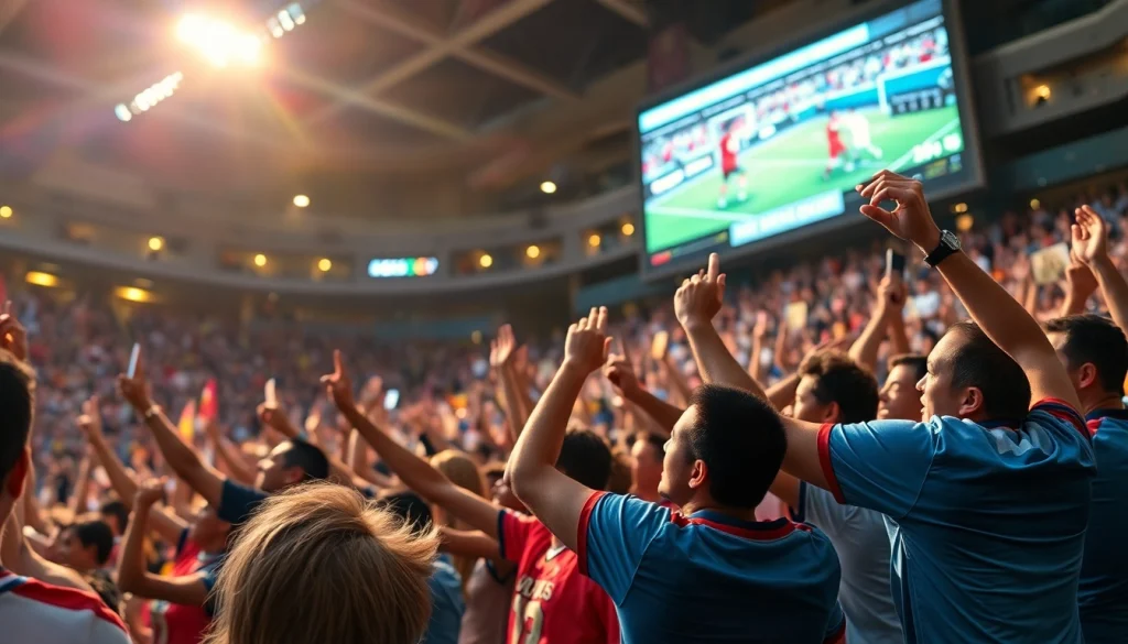 스포츠중계를 즐기는 관중과 생동감 넘치는 경기 장면을 담은 이미지