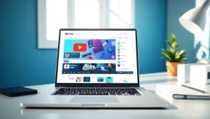 Engaging visual of a youtube smm panel interface on a sleek laptop in a modern workspace.