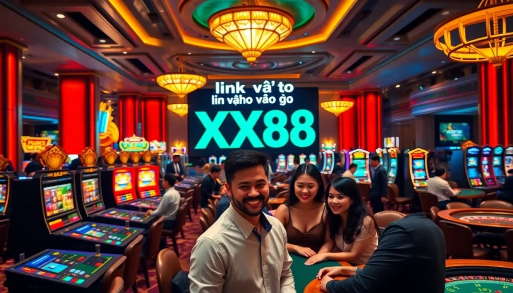 Excitement at the casino with players engaged in games, highlighting link vào XX88 for online betting.