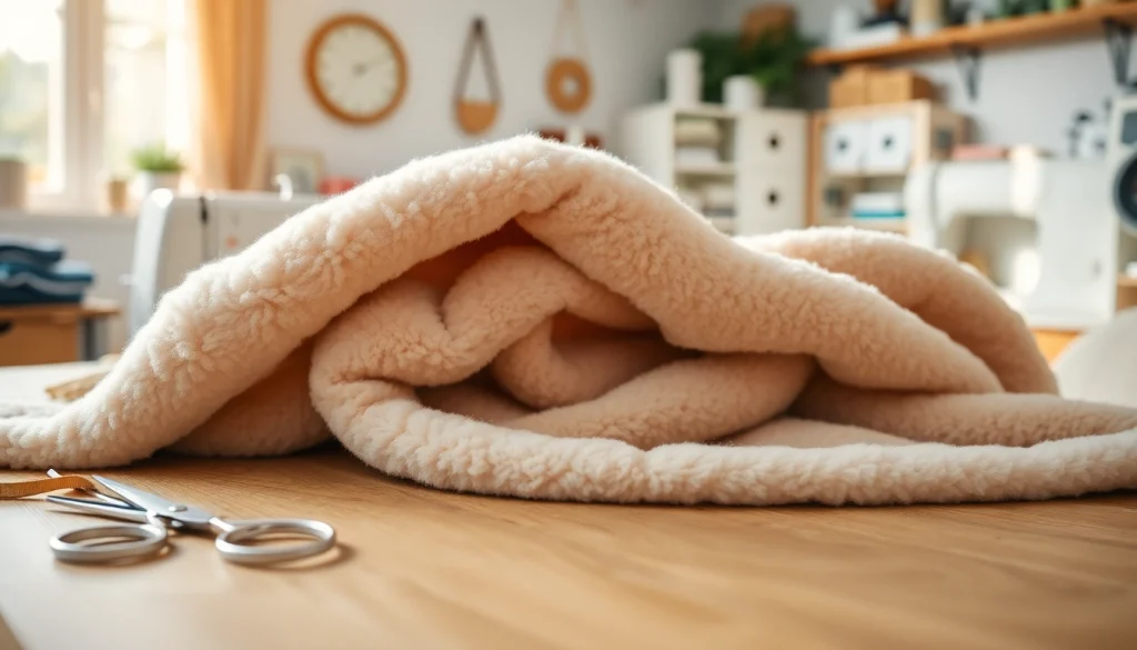 Fleece stof prachtig uitgestald met naaigereedschap in een sfeervolle ruimte