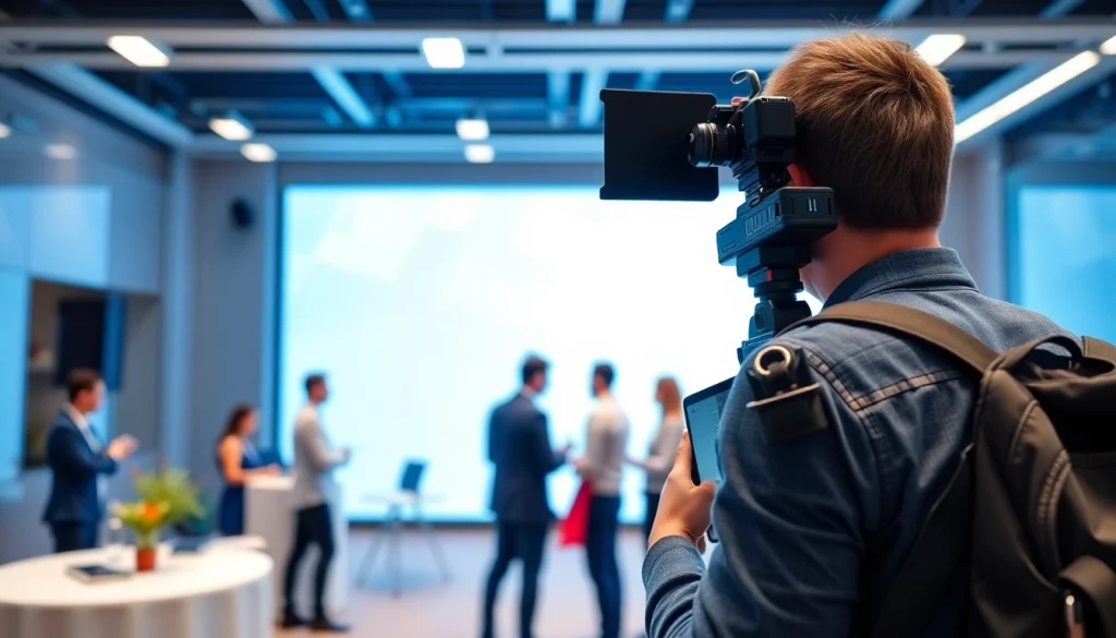 Capture on-site videography at a corporate event with professional equipment and vibrant colors.