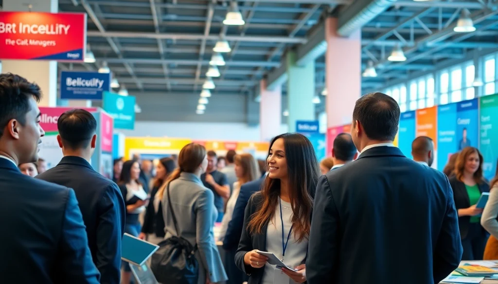 Promote free job post chicago at a bustling job fair in Chicago with diverse job seekers engaging recruiters.