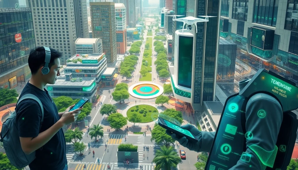 Engaging scene showcasing Technology through smart devices in a vibrant urban environment.