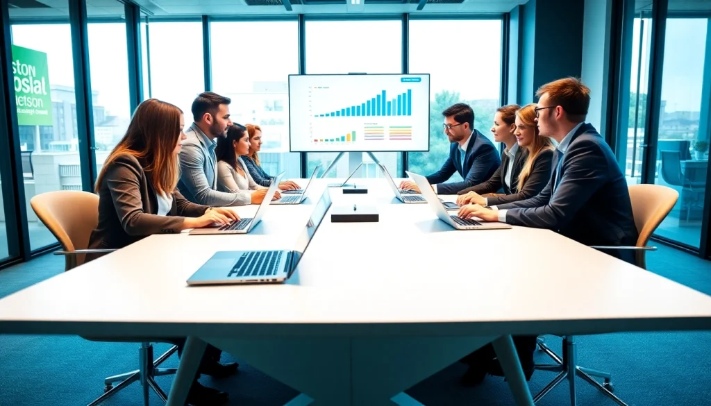 Engaged professionals discussing Business IT Solutions in a vibrant office setting.
