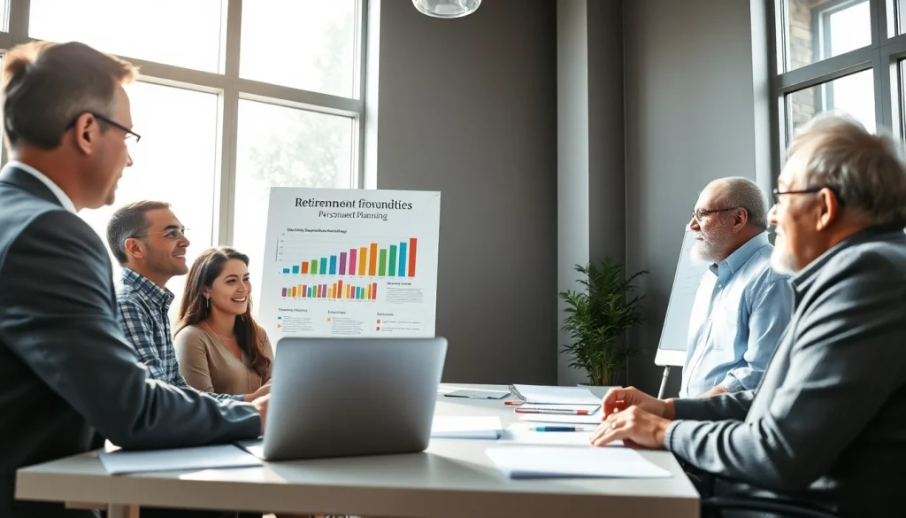 Engaging conversation on retirement planning San Antonio in a modern office with clients and advisor.