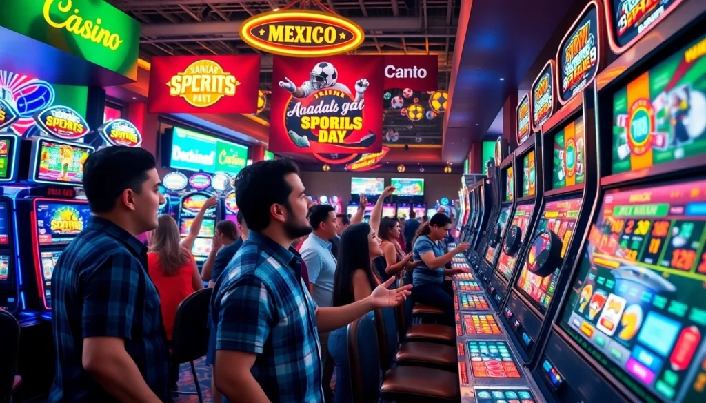 Engaged bettors enjoying sports betting in Mexico at a lively casino atmosphere.
