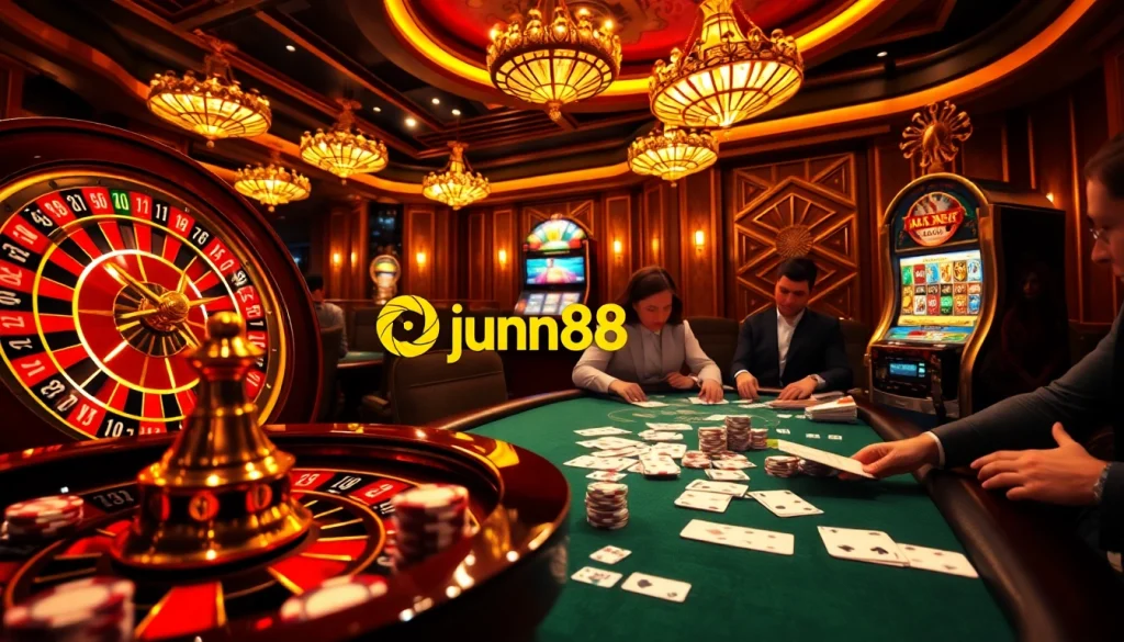 Engage with the thrill of gambling at https://jun88buzz.info/ featuring a luxurious casino scene.
