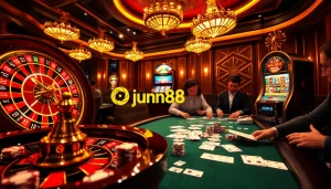 Engage with the thrill of gambling at https://jun88buzz.info/ featuring a luxurious casino scene.
