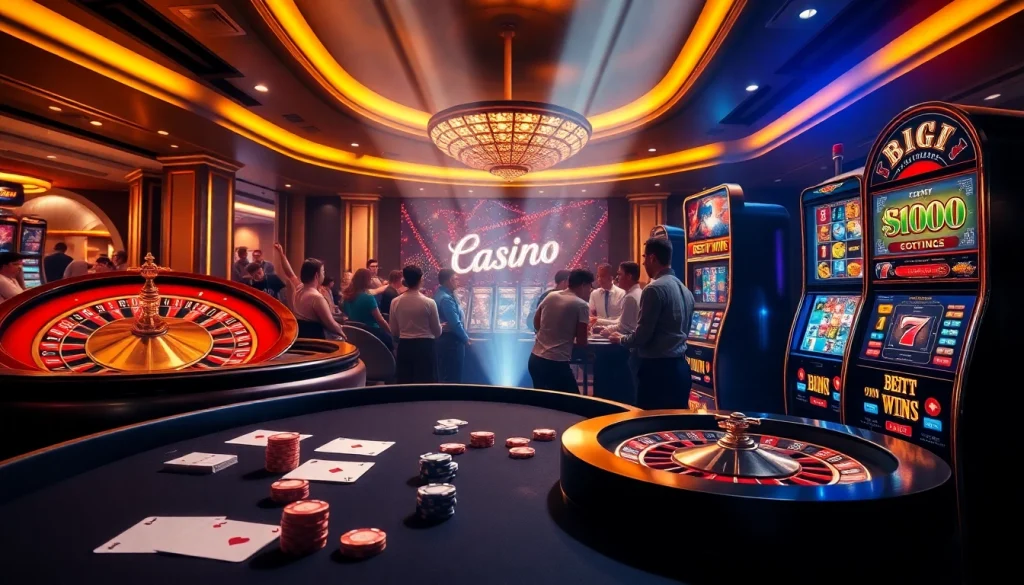 F8bet players engaging in an exciting game with casino tables and slot machines.