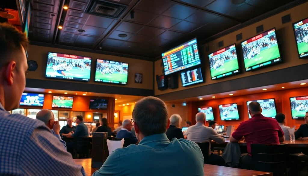 Patrons enjoying sports betting in a lively Georgia bar showcasing sports betting sites Georgia.