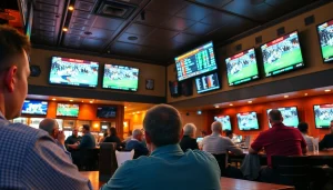 Patrons enjoying sports betting in a lively Georgia bar showcasing sports betting sites Georgia.