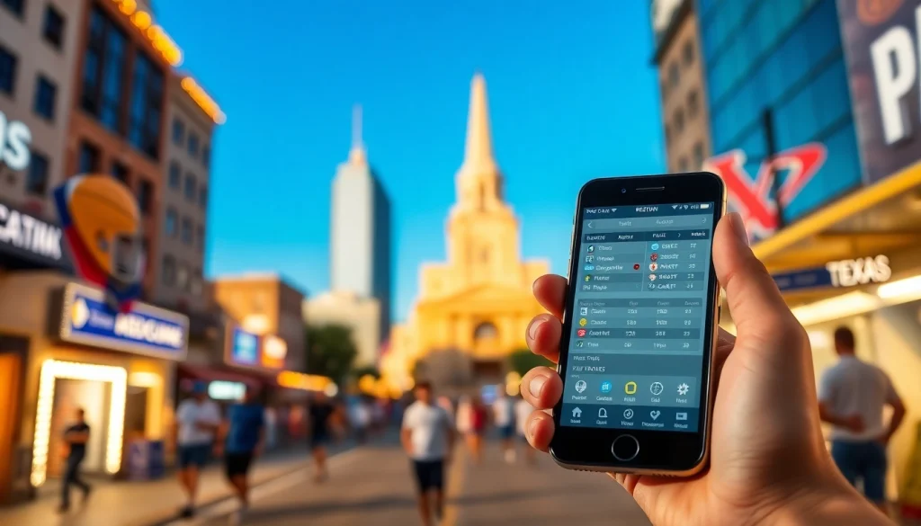 A vibrant sports betting scene featuring sports betting sites Texas mobile apps amidst Texas landmarks.