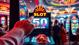 Menampilkan gameplay slot 50 perak dengan desain mesin slot modern yang dikelilingi cahaya sesuai suasana kasino.