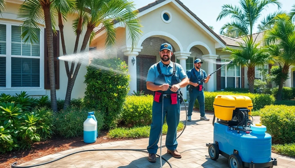 Soft wash team cleaning a residential home in Kissimmee, FL, showcasing expert pressure washing.