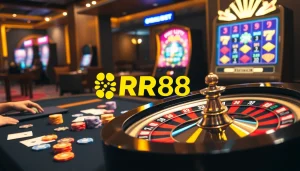 Experience excitement at the RR88 casino with a vibrant poker setup and spinning roulette wheel.