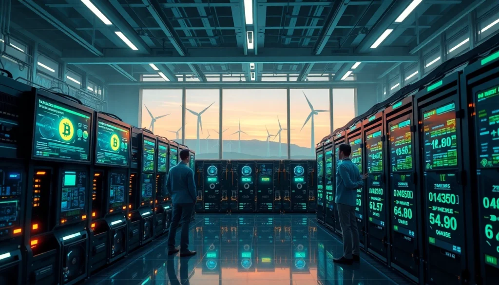 Dynamic Bitcoin cloud mining hub with AI technology and renewable energy sources.