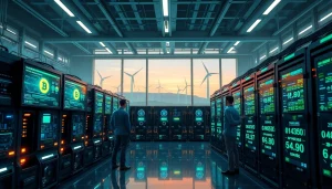 Dynamic Bitcoin cloud mining hub with AI technology and renewable energy sources.