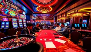 SHBET branded vibrant casino scene showcasing poker and slot machines.