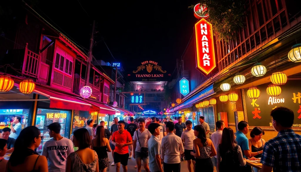 Experience Hanoi's nightlife, 하노이밤문화, with vibrant street scenes and social gatherings under neon lights.