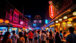 Experience Hanoi's nightlife, 하노이밤문화, with vibrant street scenes and social gatherings under neon lights.