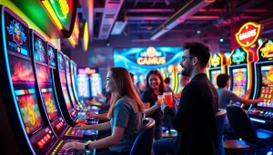 Exciting gamers playing slot hoki online in a modern gaming lounge ambiance.