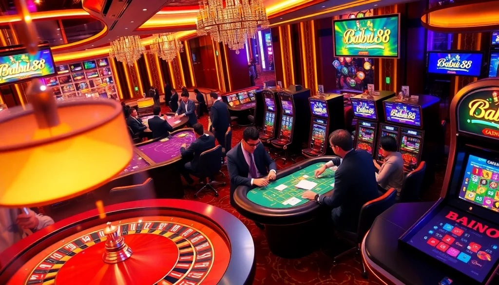 Babu88 players celebrating a win at a luxurious casino table with vibrant casino chips.